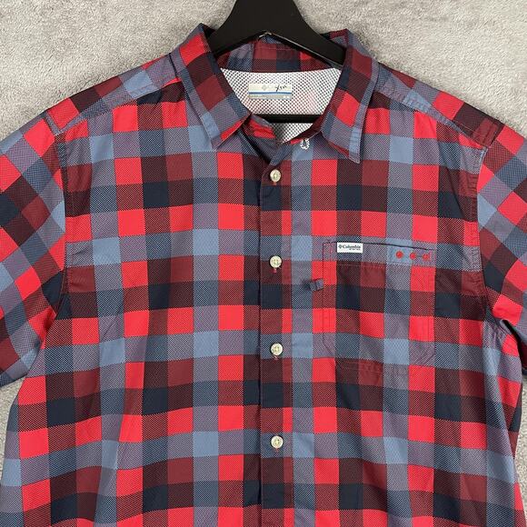 Columbia PFG Shirt Mens Medium Red Blue Plaid Short Sleeve Omni-Shade Fishing - Picture 2 of 13